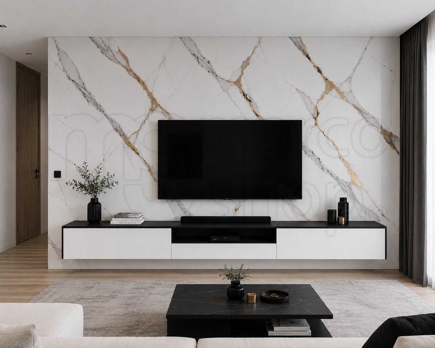 Living modern cu placare PVC tip Calacatta Gold