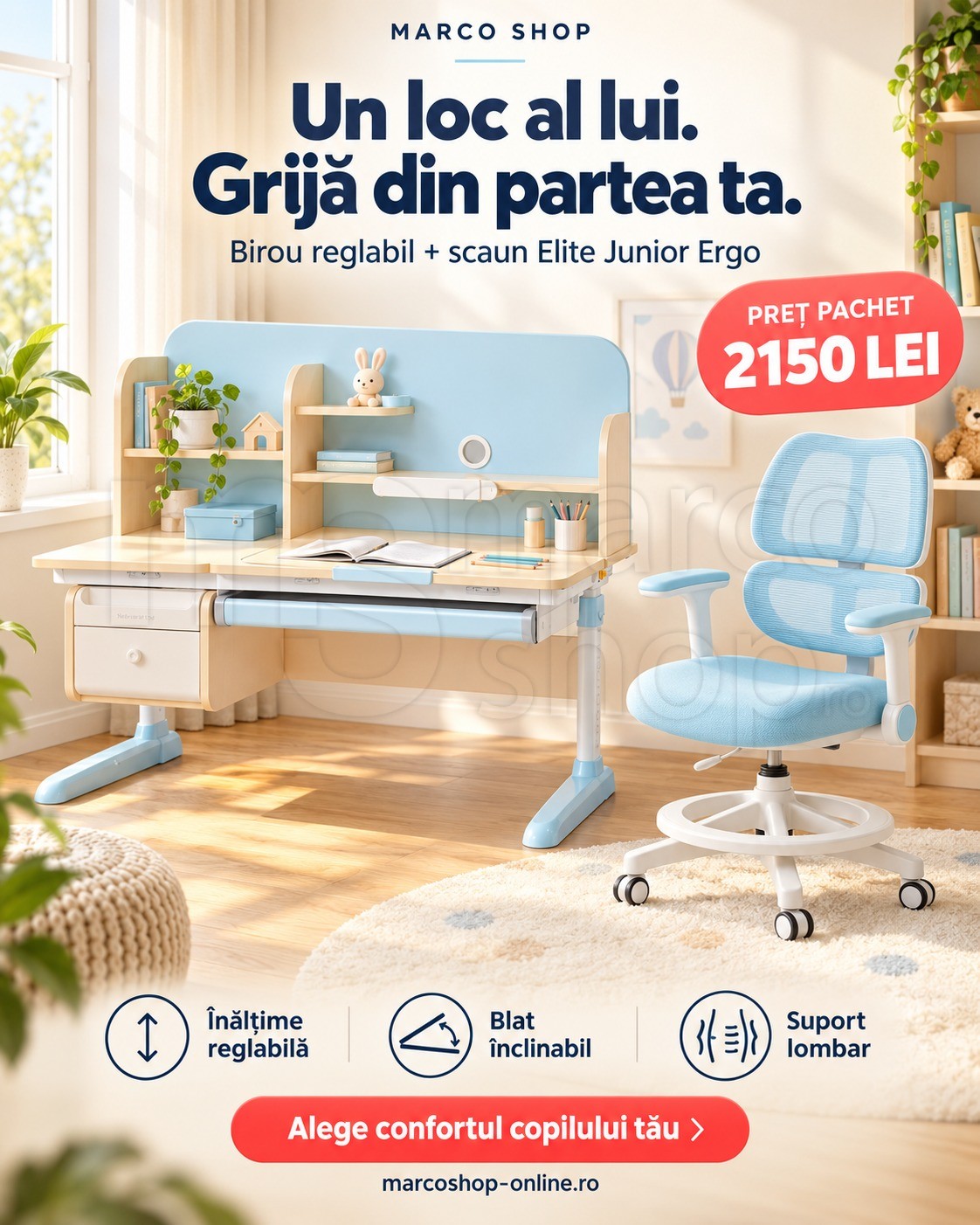 Birou ergonomic reglabil pentru copii Albastru + Sca...
