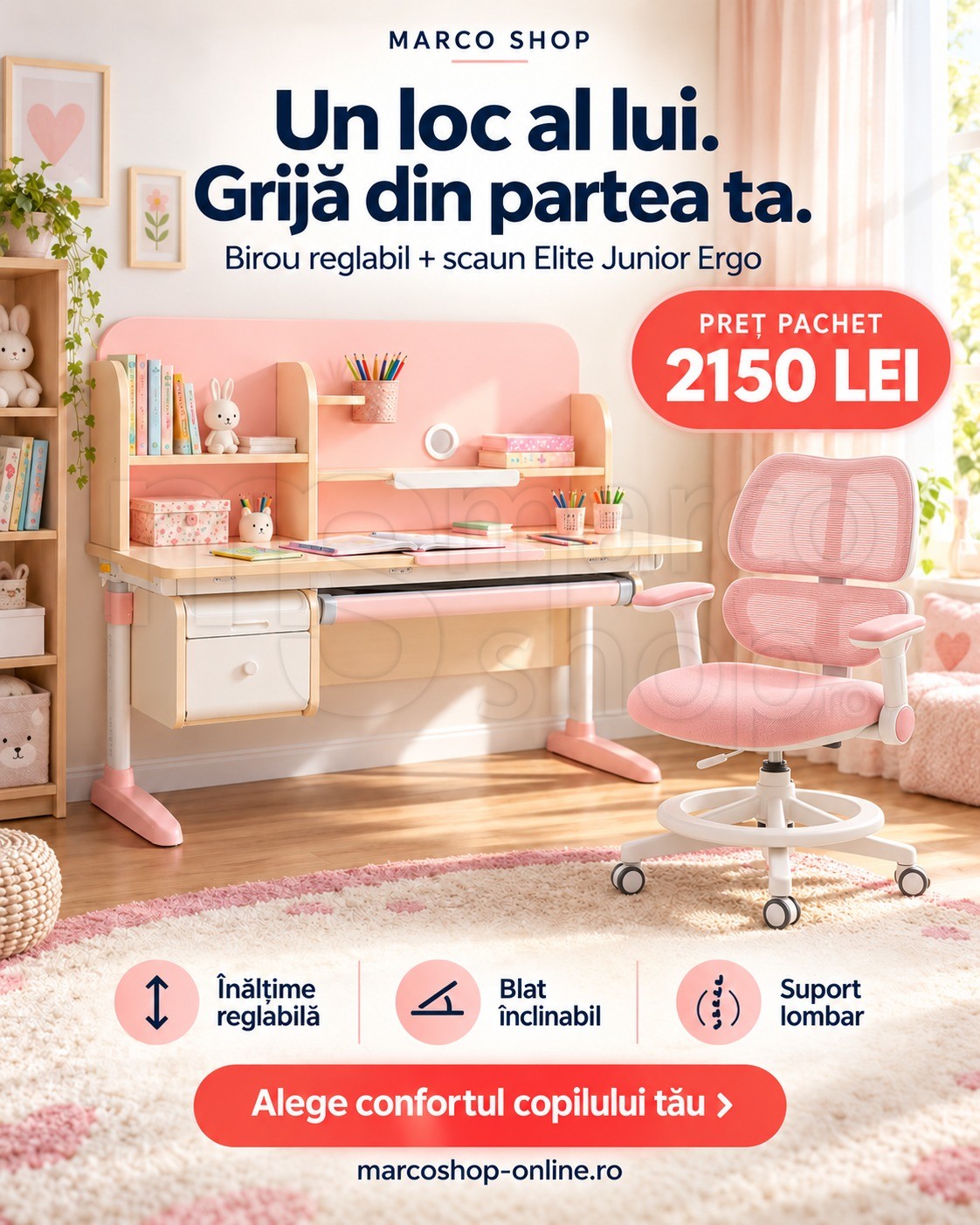 Birou ergonomic reglabil pentru copii Roz + Scaun El...